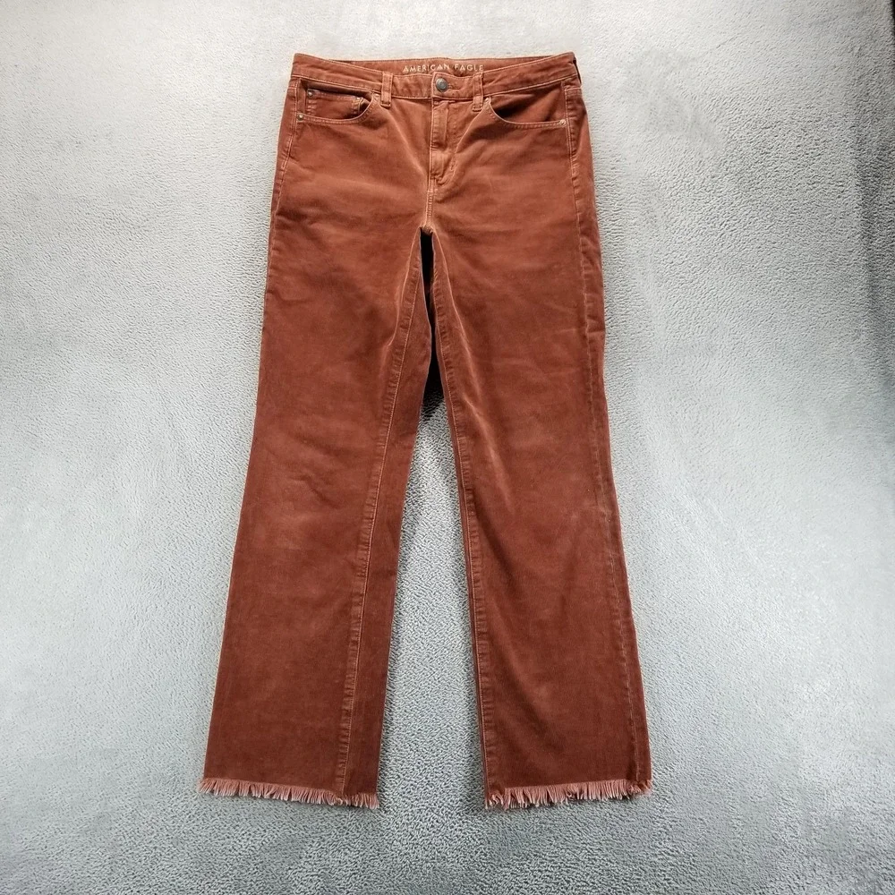 American Eagle Pants Womens 12‎ Tall Brown Crop Flare Corduroy Fringe Boho